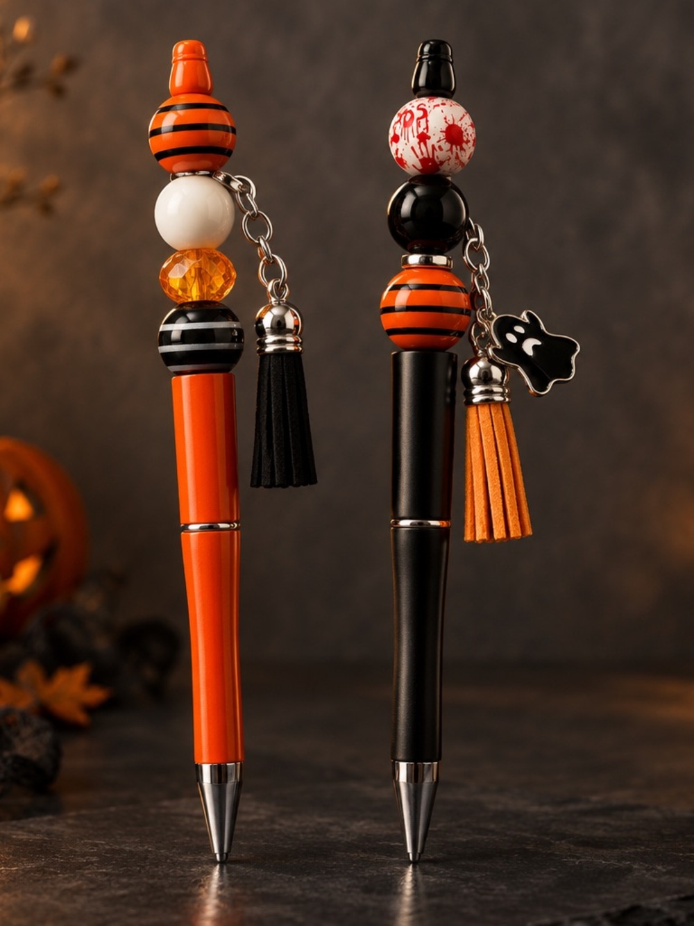 Handmade Decorative Halloween Beaded Ballpoint Pen (2) - Orange & Black